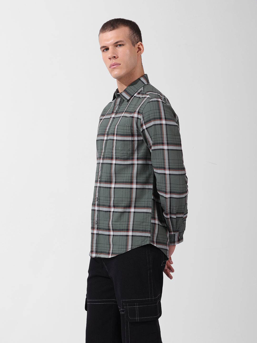 Men's Olive Slim Fit Checked Casual Shirt