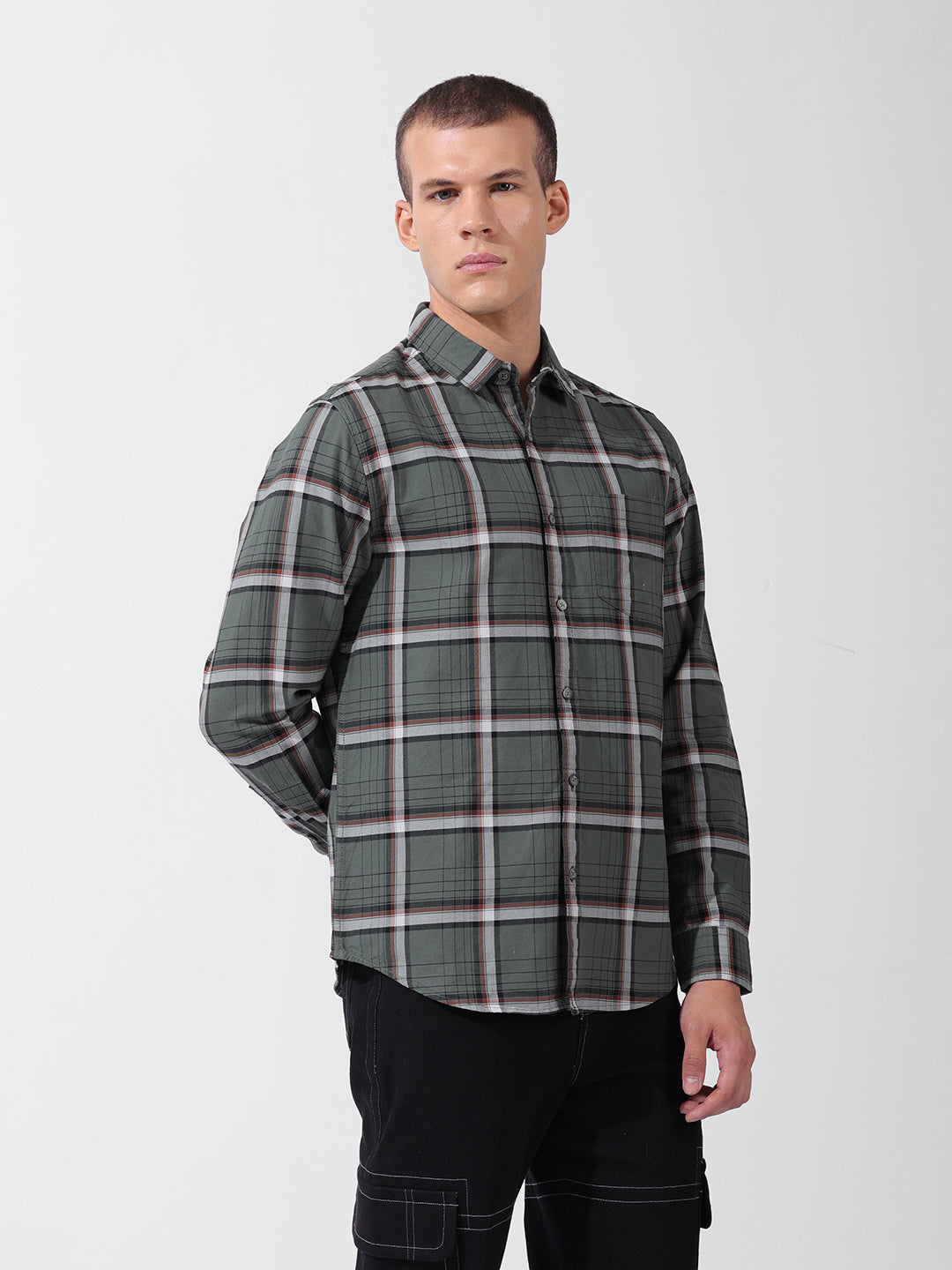 Men's Olive Slim Fit Checked Casual Shirt