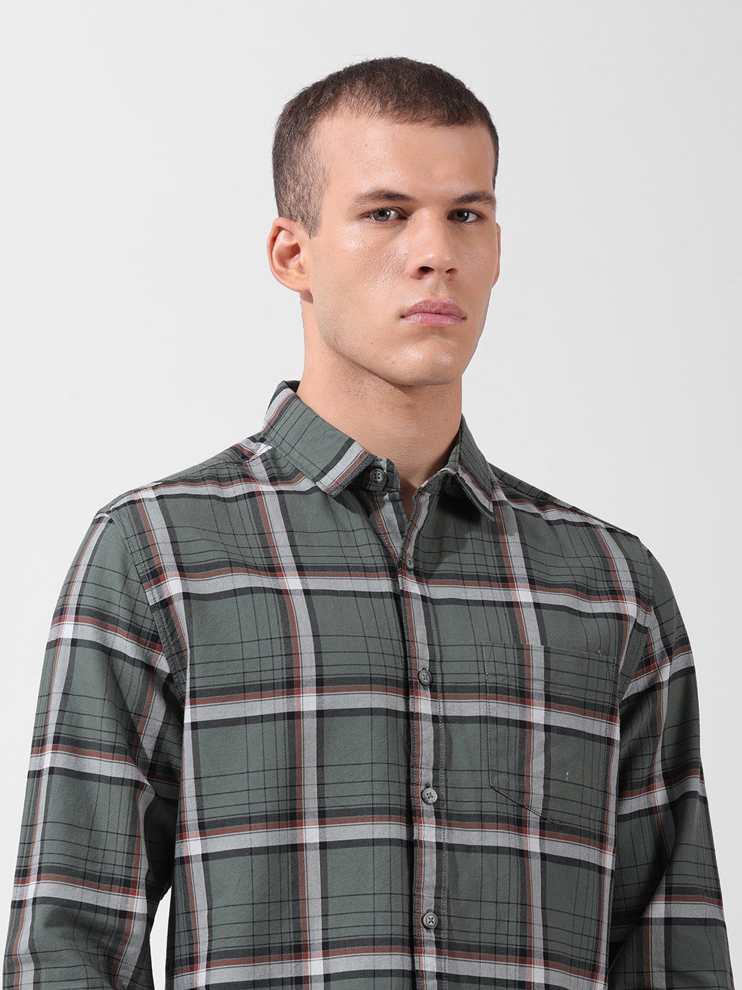 Men's Olive Slim Fit Checked Casual Shirt