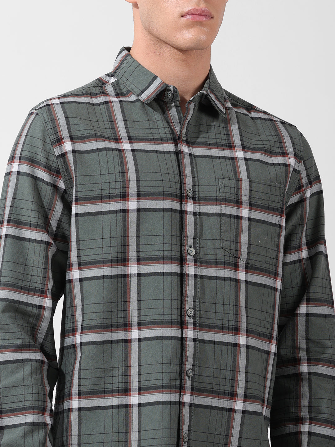 Men's Olive Slim Fit Checked Casual Shirt