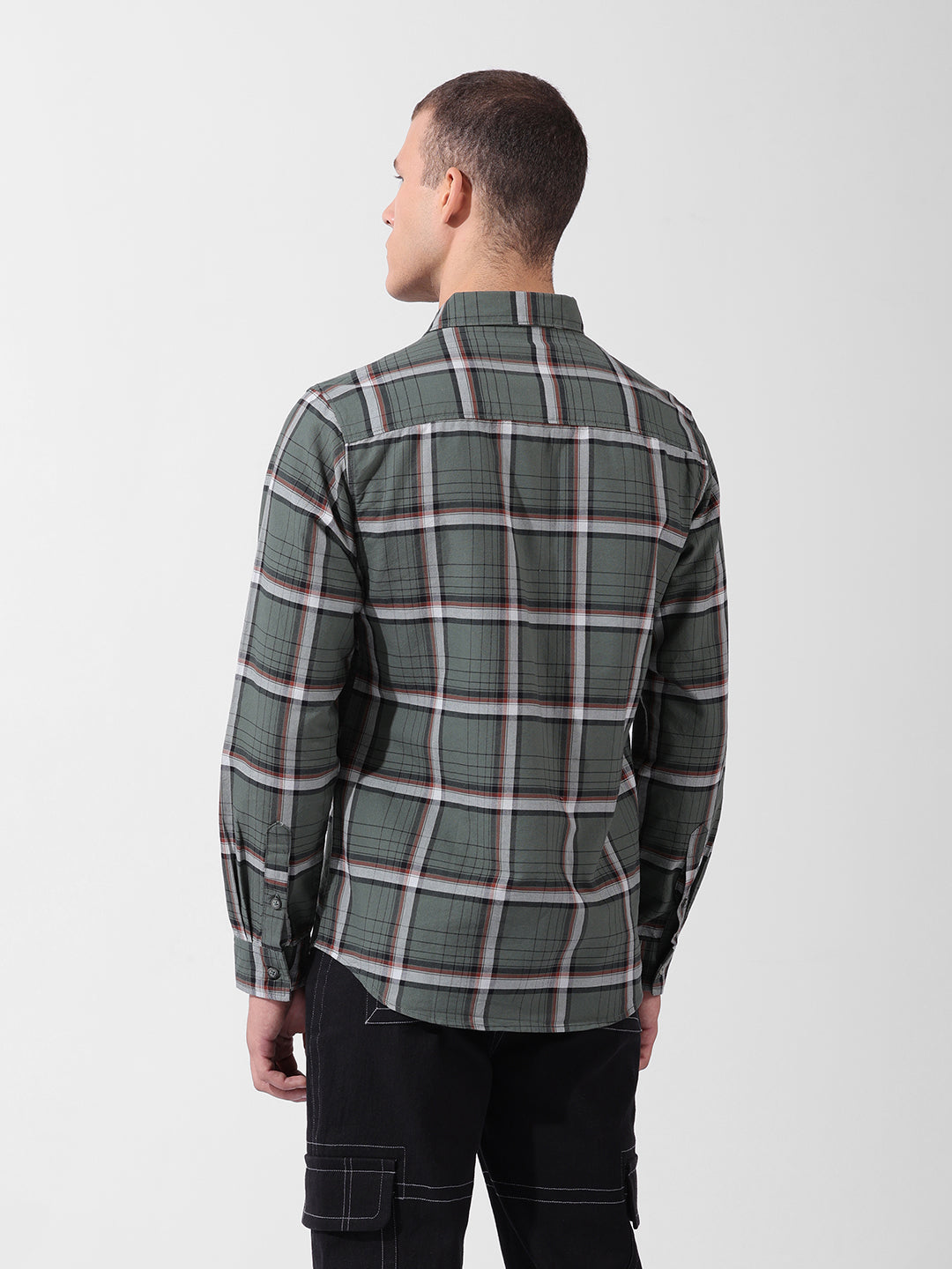 Men's Olive Slim Fit Checked Casual Shirt