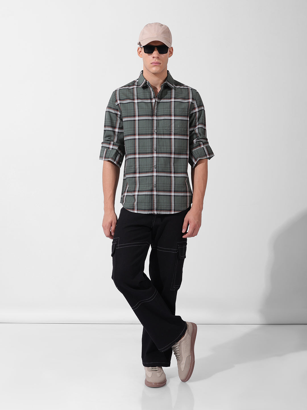 Men's Olive Slim Fit Checked Casual Shirt