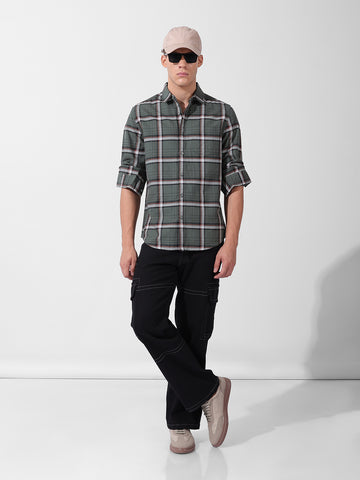 Men's Olive Slim Fit Checked Casual Shirt