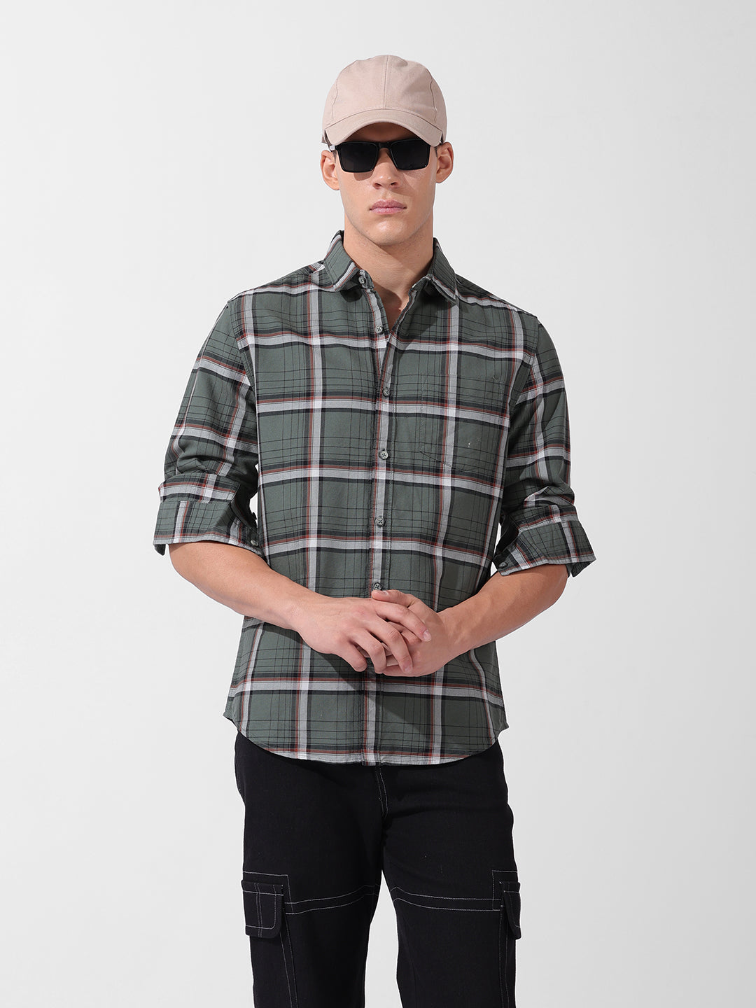 Men's Olive Slim Fit Checked Casual Shirt