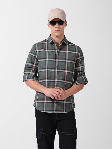 Men's Olive Slim Fit Checked Casual Shirt