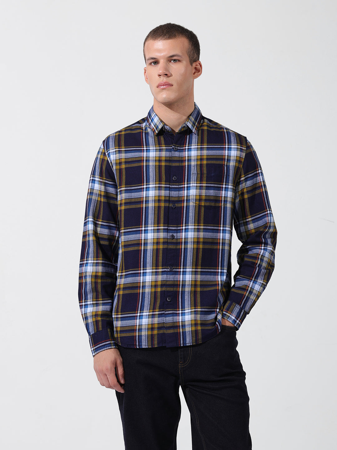 Men's Navy Blue Slim Fit Checked Casual Shirt