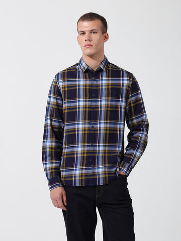 Men's Navy Blue Slim Fit Checked Casual Shirt