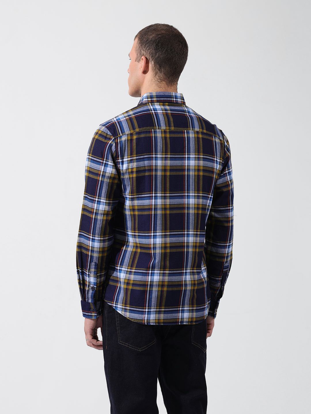 Men's Navy Blue Slim Fit Checked Casual Shirt