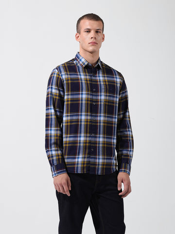 Men's Navy Blue Slim Fit Checked Casual Shirt
