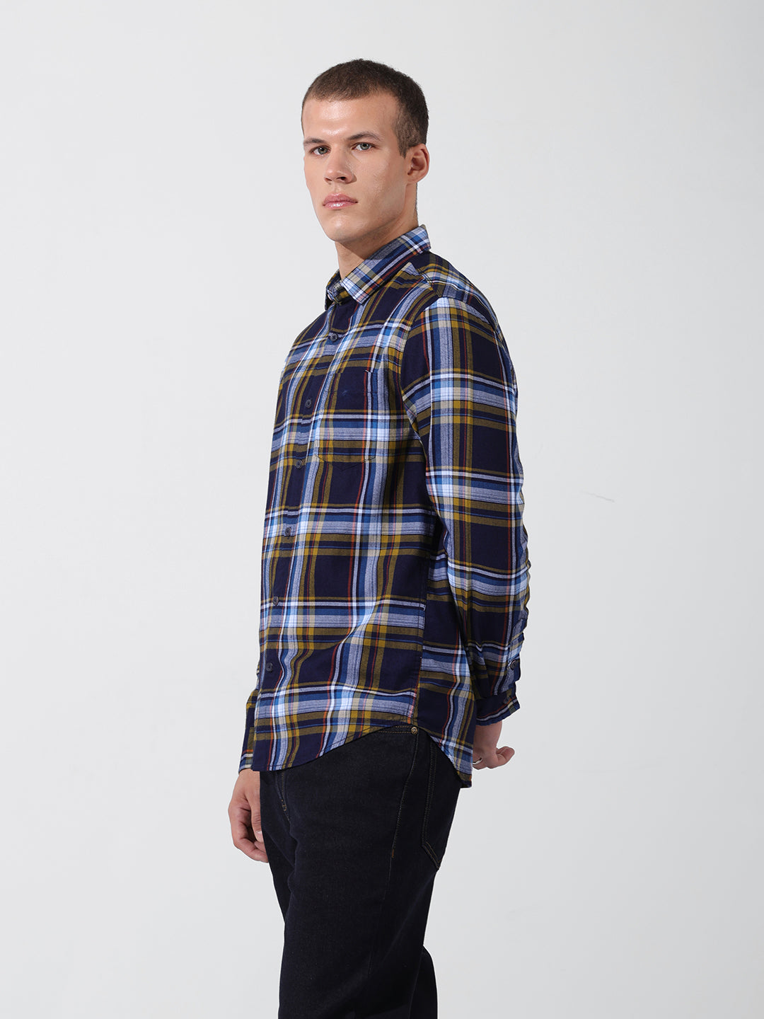 Men's Navy Blue Slim Fit Checked Casual Shirt