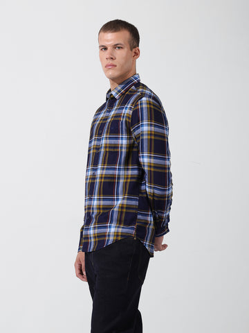 Men's Navy Blue Slim Fit Checked Casual Shirt