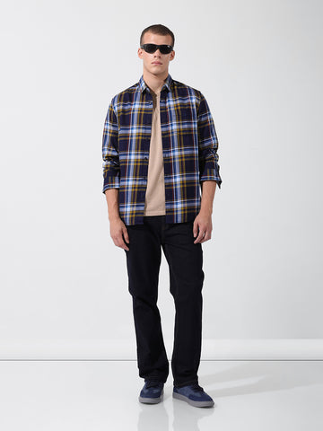 Men's Navy Blue Slim Fit Checked Casual Shirt