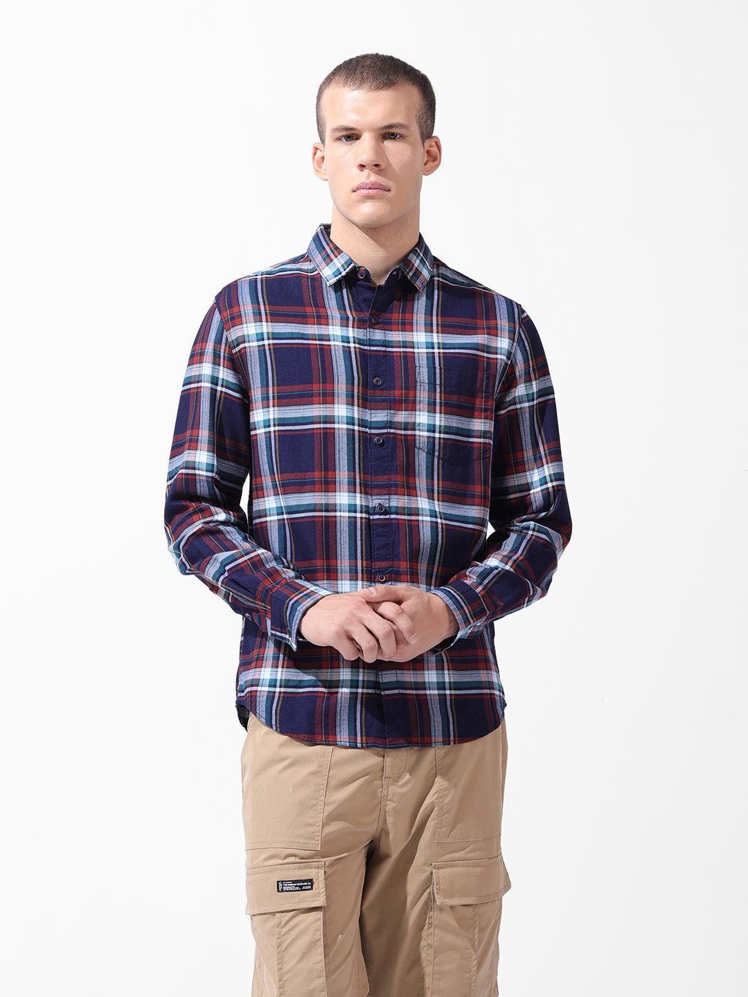 Men's Navy Blue Slim Fit Checked Casual Shirt