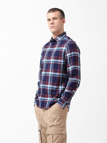 Men's Navy Blue Slim Fit Checked Casual Shirt