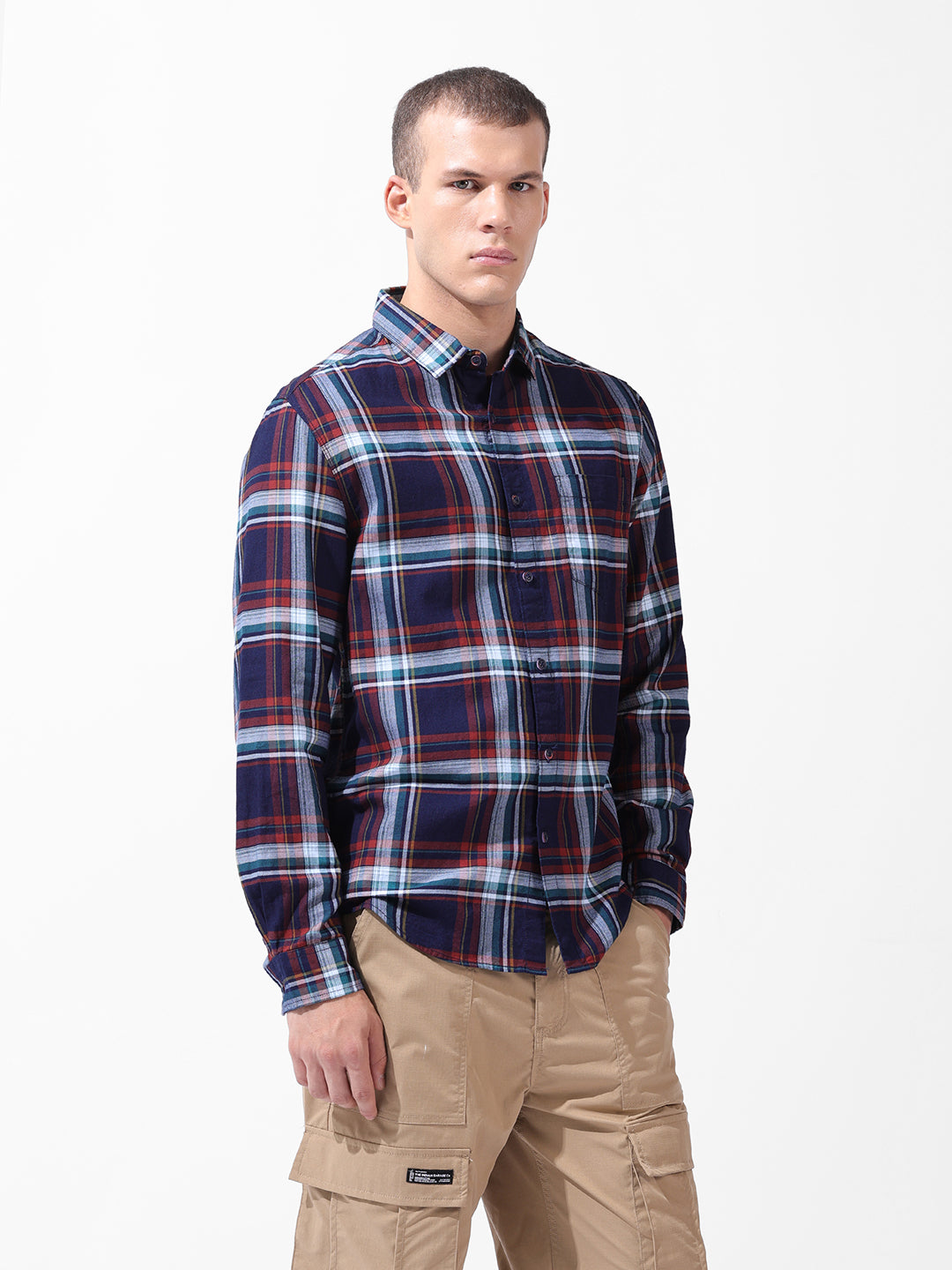 Men's Navy Blue Slim Fit Checked Casual Shirt
