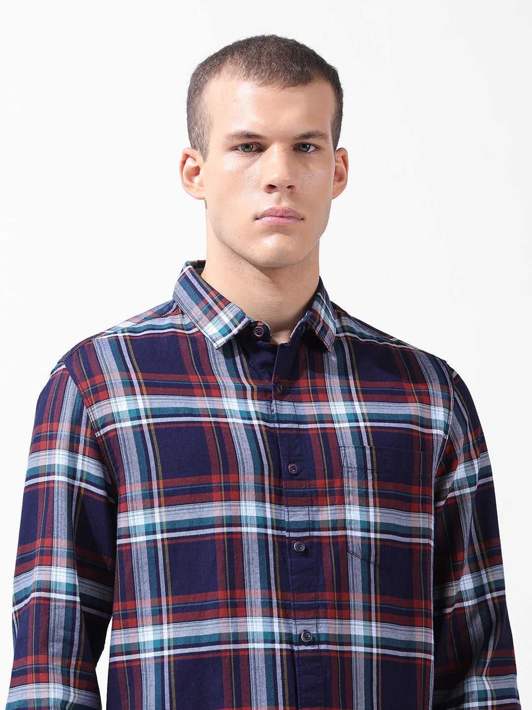 Men's Navy Blue Slim Fit Checked Casual Shirt