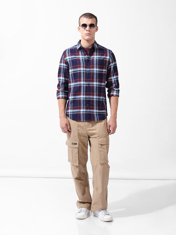 Men's Navy Blue Slim Fit Checked Casual Shirt