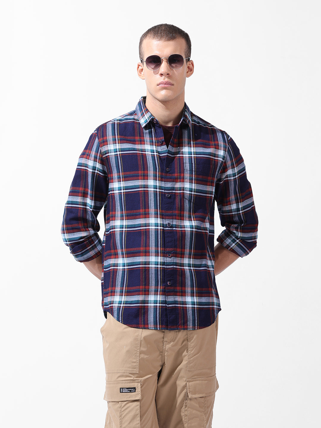 Men's Navy Blue Slim Fit Checked Casual Shirt