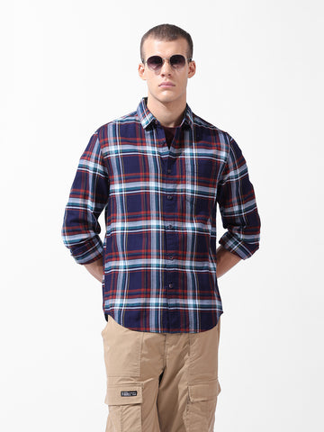 Men's Navy Blue Slim Fit Checked Casual Shirt