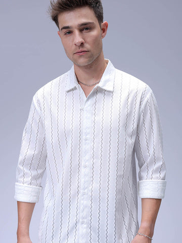 Men's White Relaxed Fit Textured Resortwear Shirt