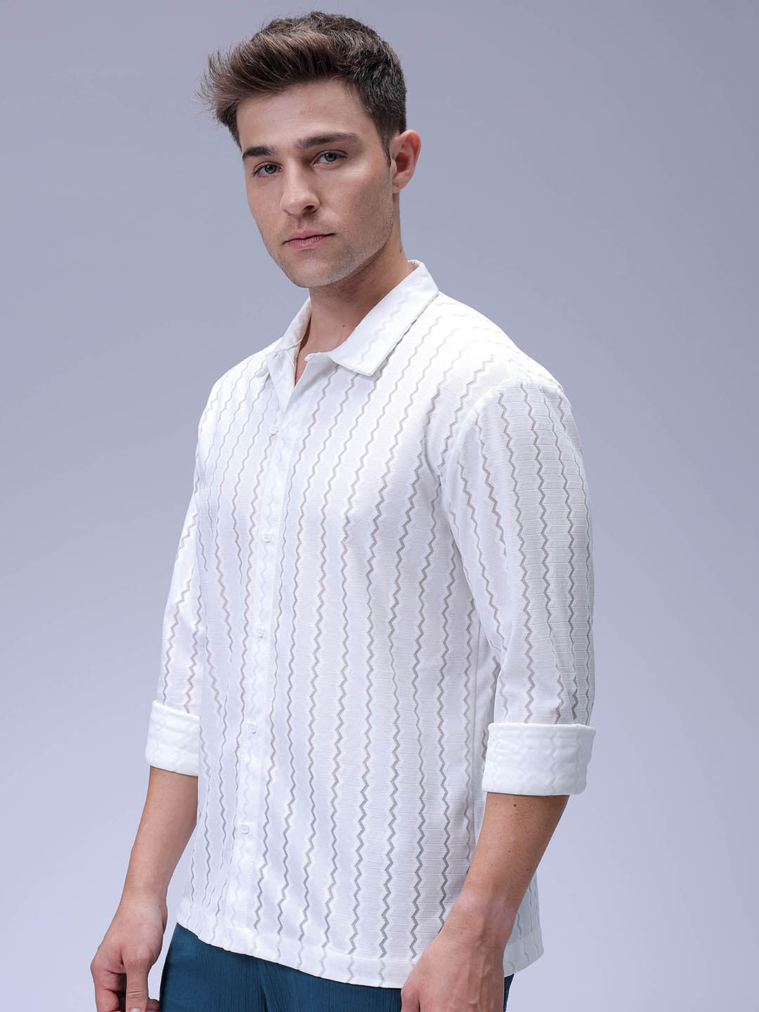 Men's White Relaxed Fit Textured Resortwear Shirt