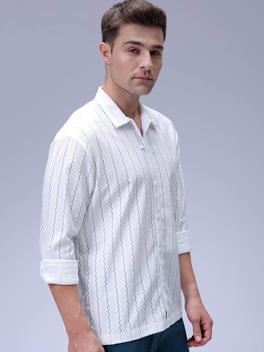 Men's White Relaxed Fit Textured Resortwear Shirt