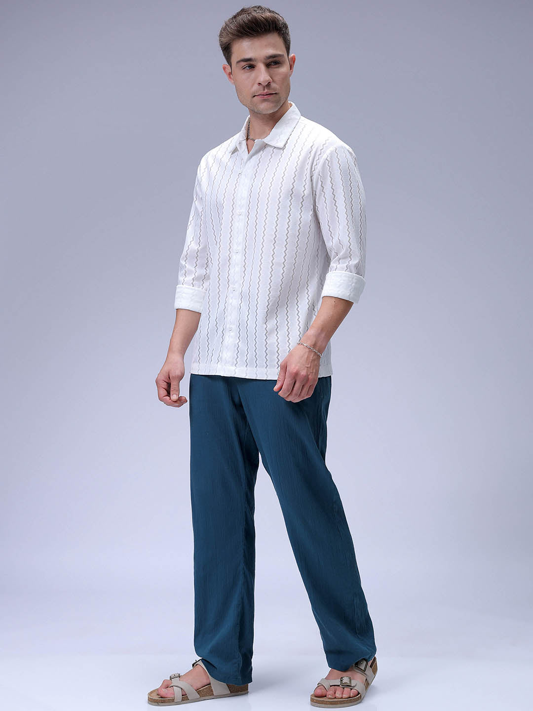 Men's White Relaxed Fit Textured Resortwear Shirt