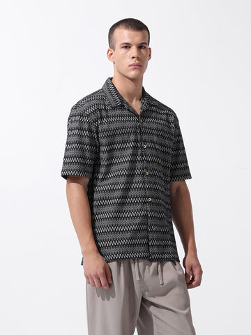 Men's Black Relaxed Fit Textured Textured Shirt