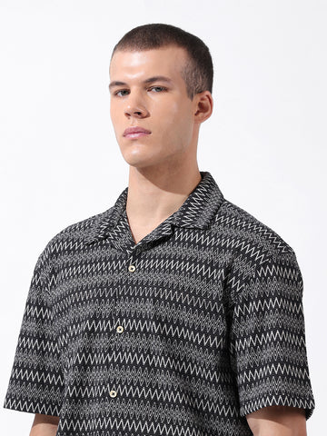 Men's Black Relaxed Fit Textured Textured Shirt