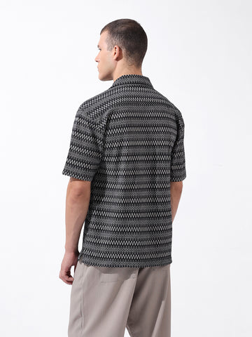 Men's Black Relaxed Fit Textured Textured Shirt
