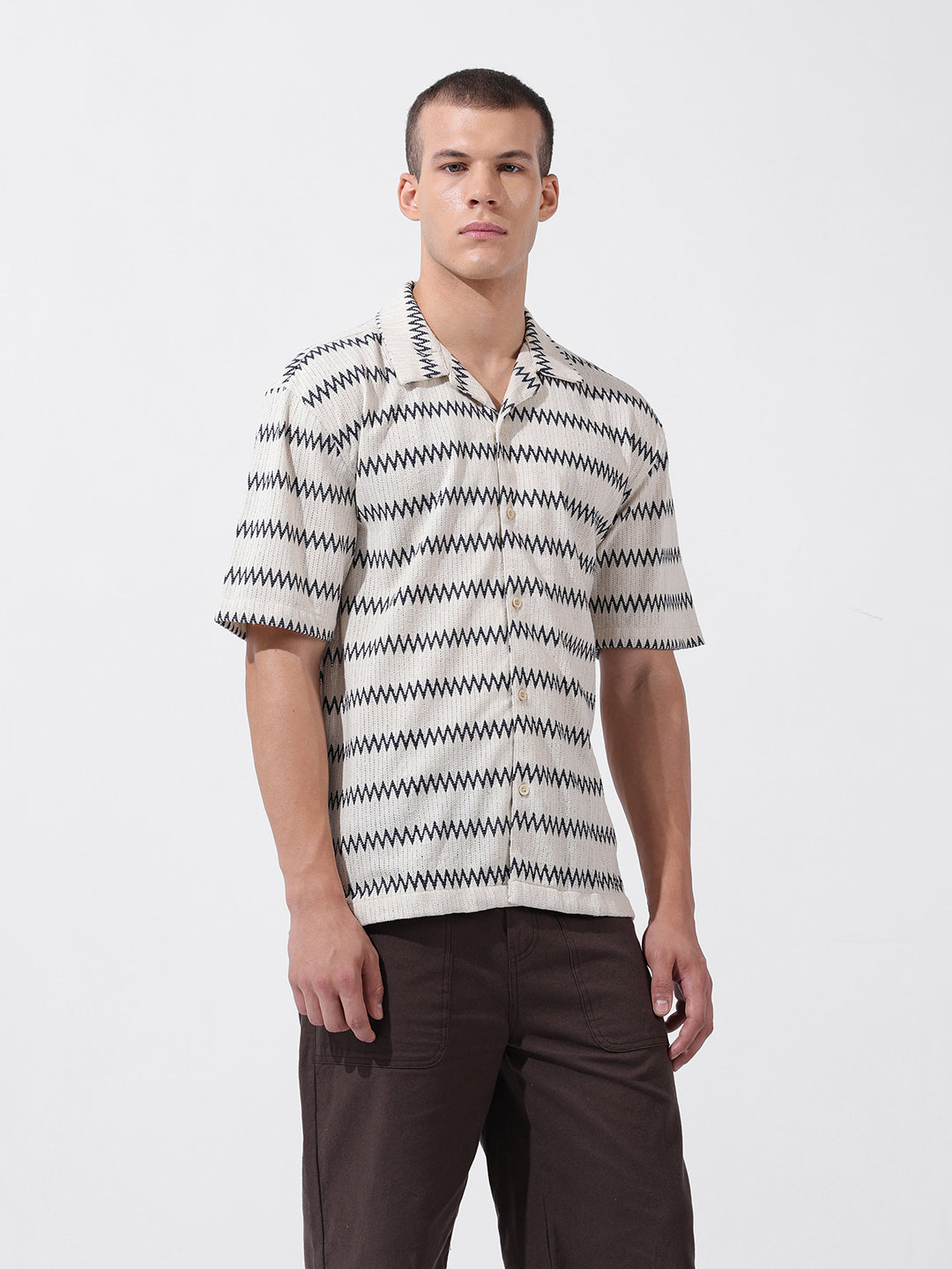 Men's Beige Relaxed Fit Textured Textured Shirt
