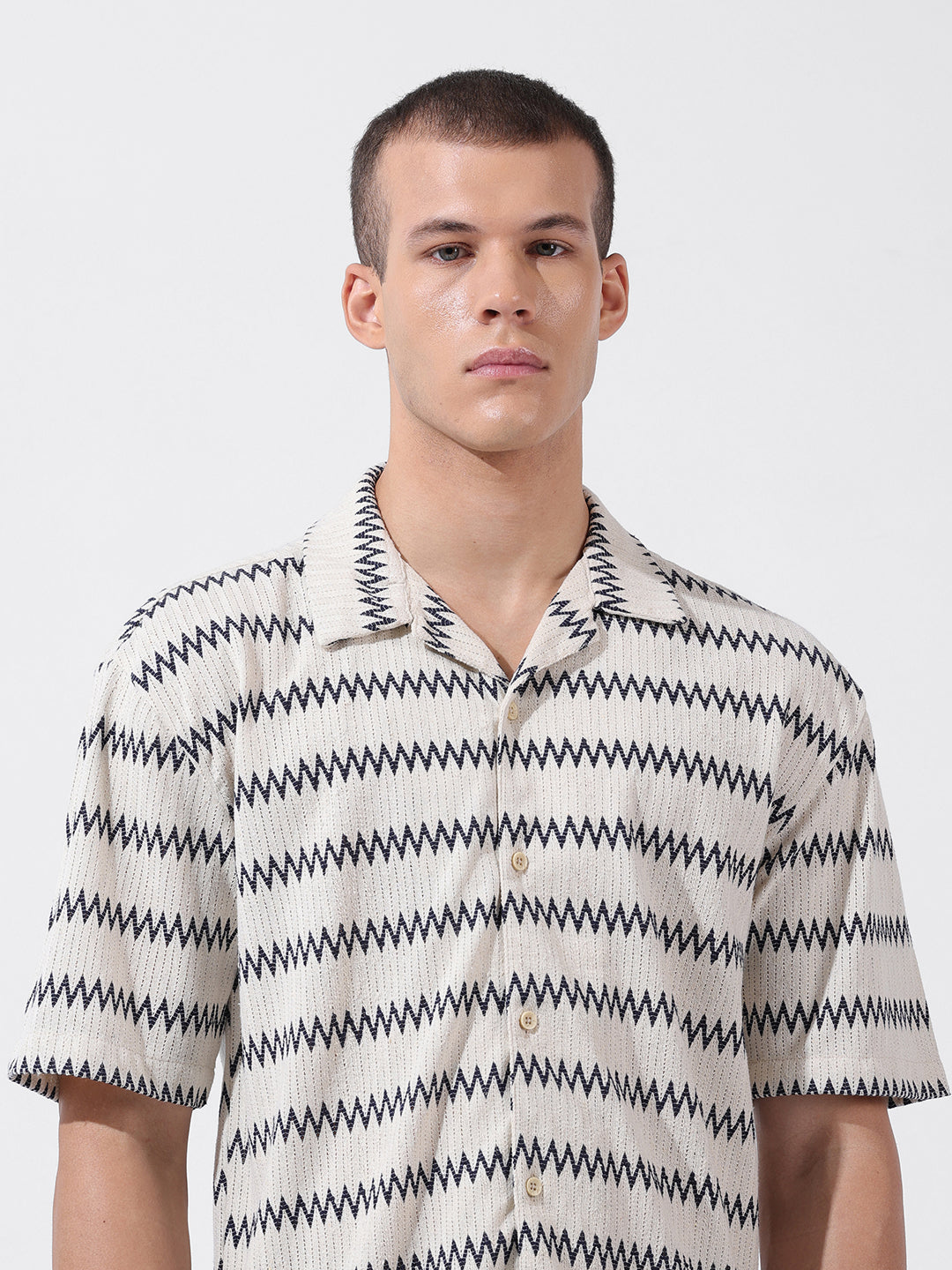 Men's Beige Relaxed Fit Textured Textured Shirt
