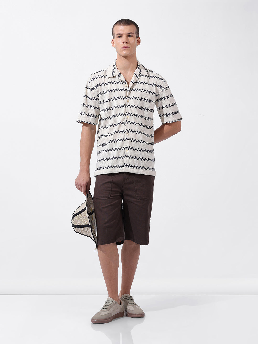 Men's Beige Relaxed Fit Textured Textured Shirt