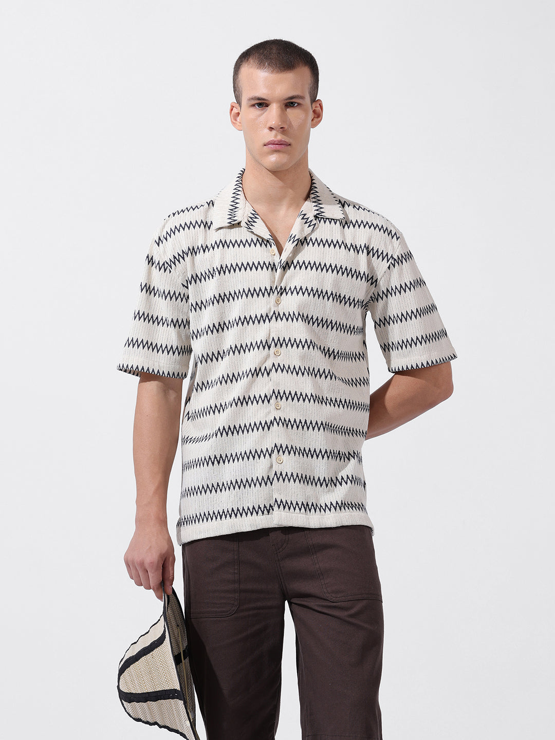 Men's Beige Relaxed Fit Textured Textured Shirt