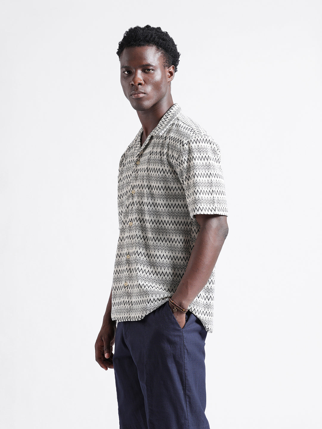 Men's Beige Relaxed Fit Textured Textured Shirt