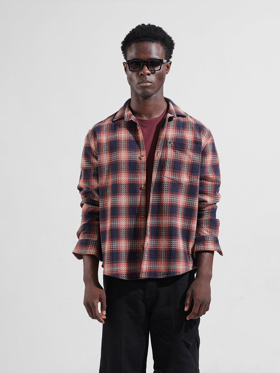 Men's Navy Blue Relaxed Fit Checked Textured Shirt