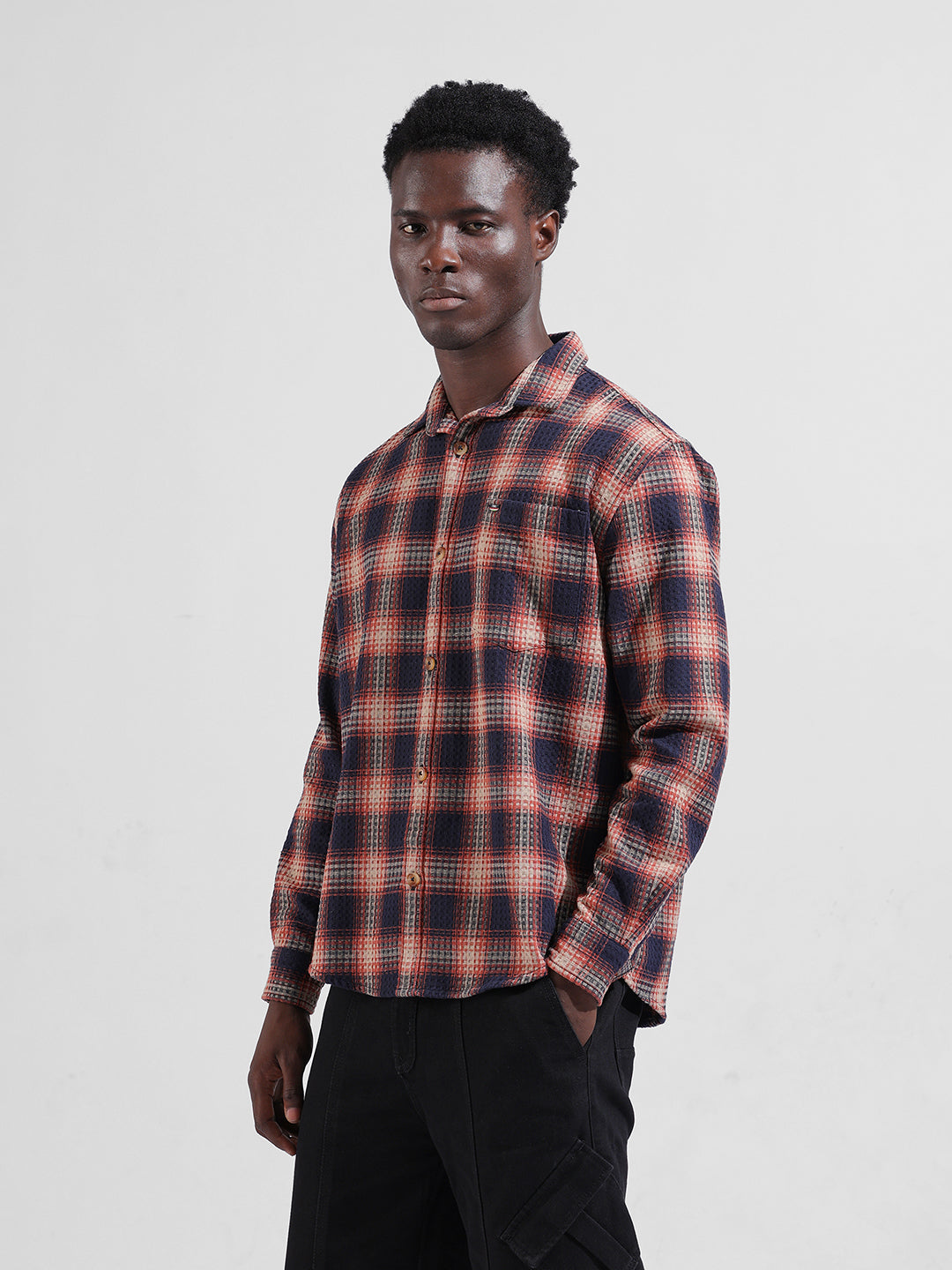 Men's Navy Blue Relaxed Fit Checked Textured Shirt