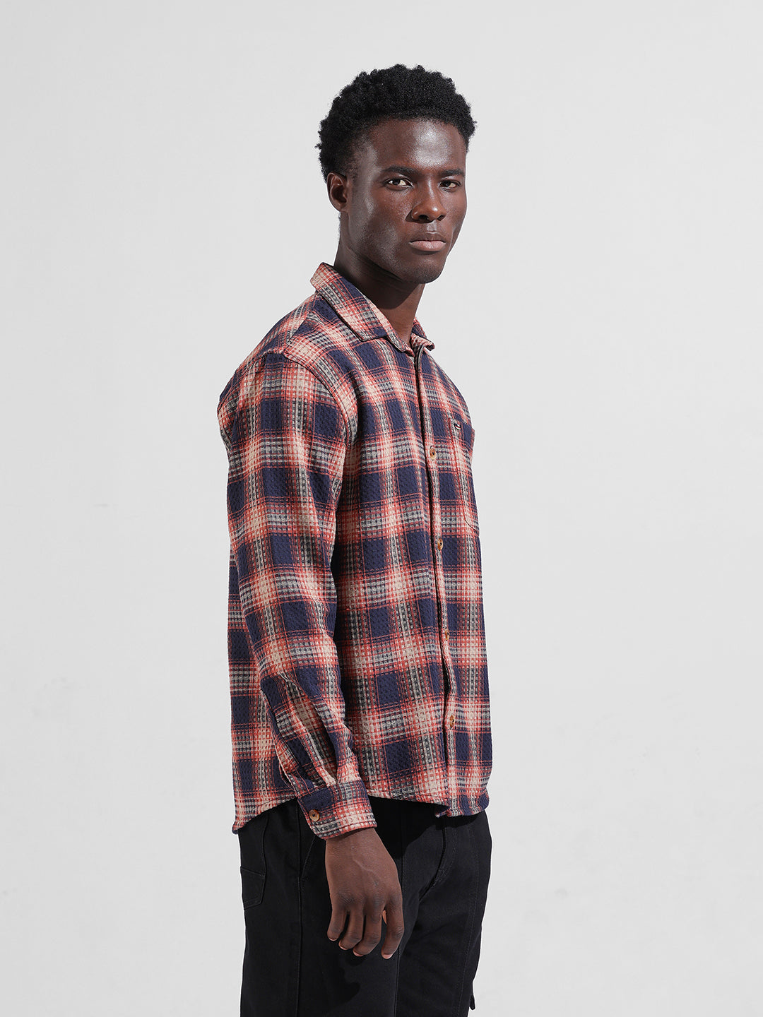 Men's Navy Blue Relaxed Fit Checked Textured Shirt