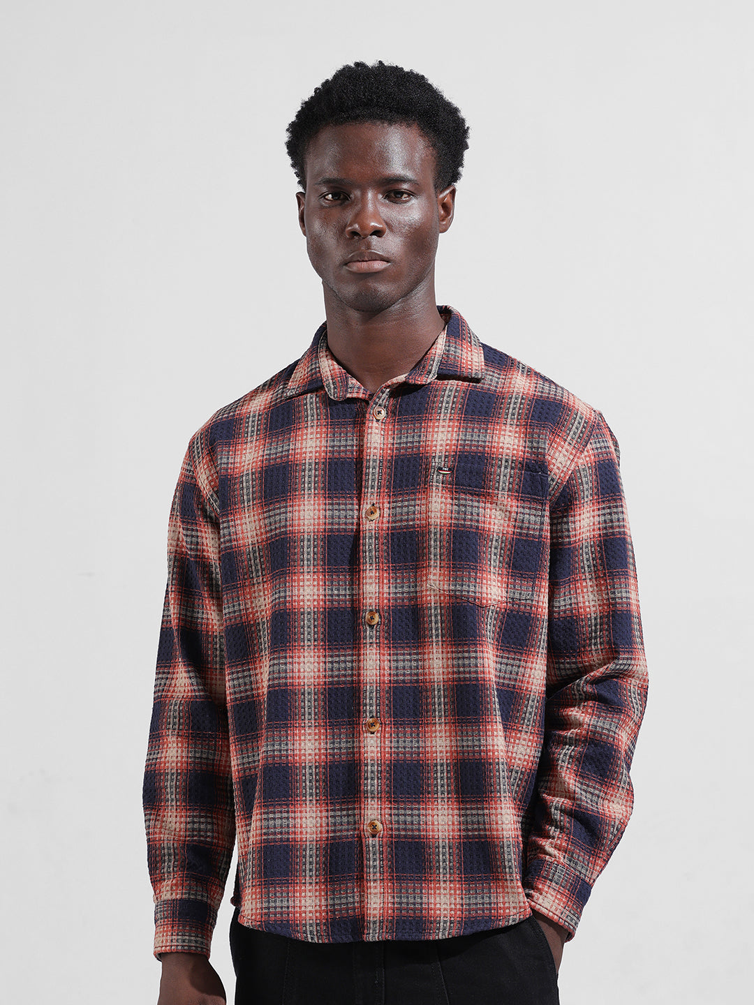 Men's Navy Blue Relaxed Fit Checked Textured Shirt