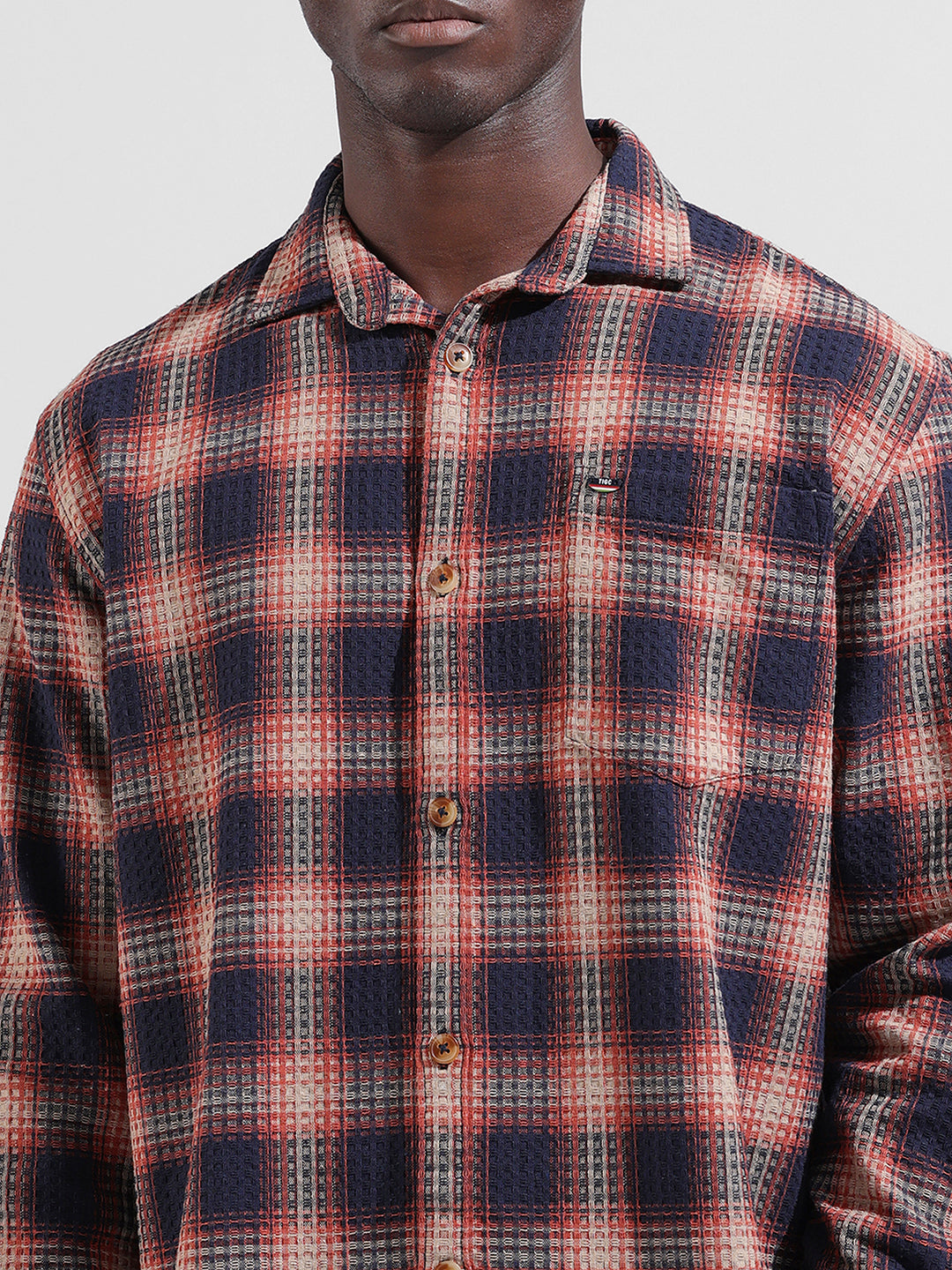 Men's Navy Blue Relaxed Fit Checked Textured Shirt