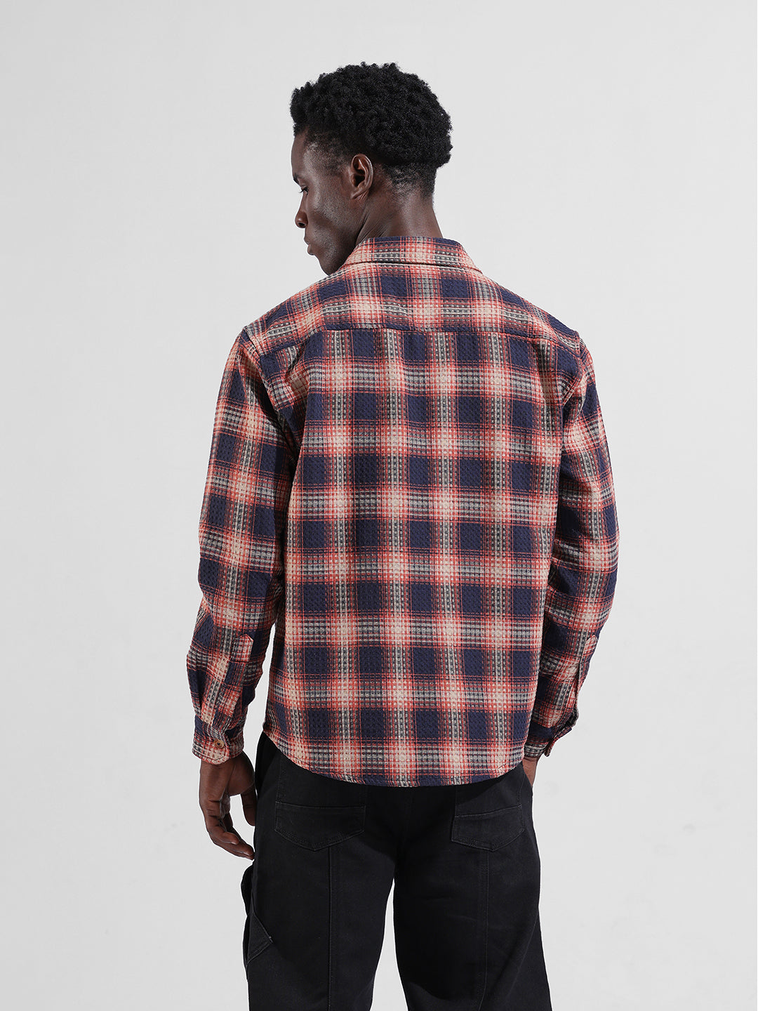 Men's Navy Blue Relaxed Fit Checked Textured Shirt