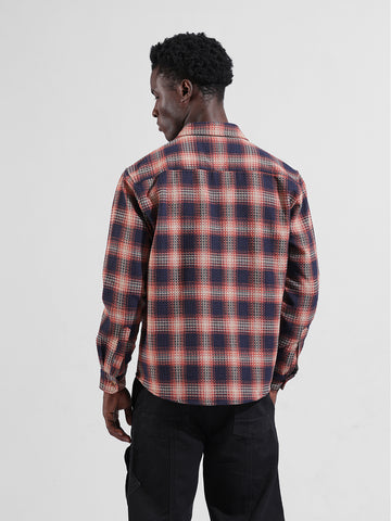 Men's Navy Blue Relaxed Fit Checked Textured Shirt