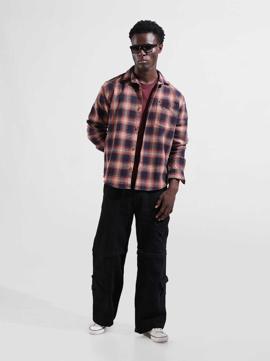 Men's Navy Blue Relaxed Fit Checked Textured Shirt