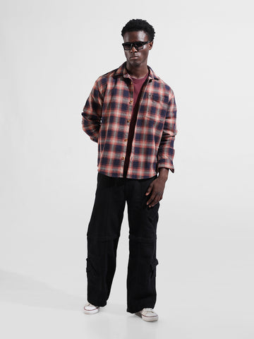 Men's Navy Blue Relaxed Fit Checked Textured Shirt