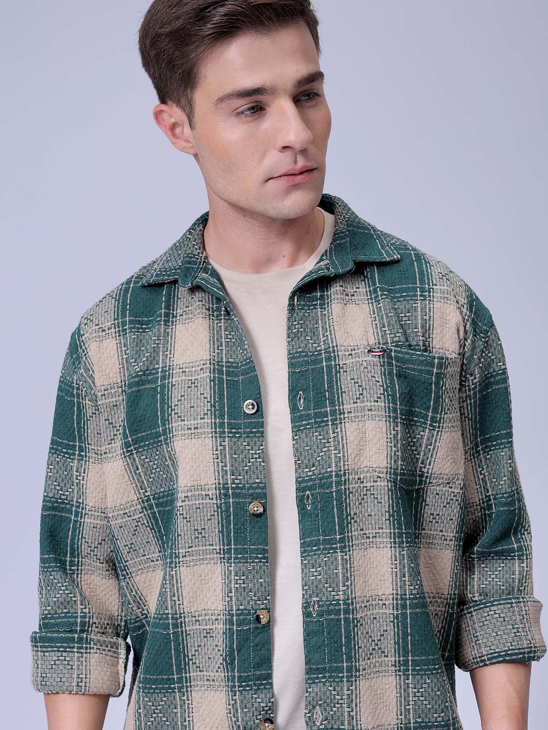 Men's Green Relaxed Fit Checked Casual Shirt