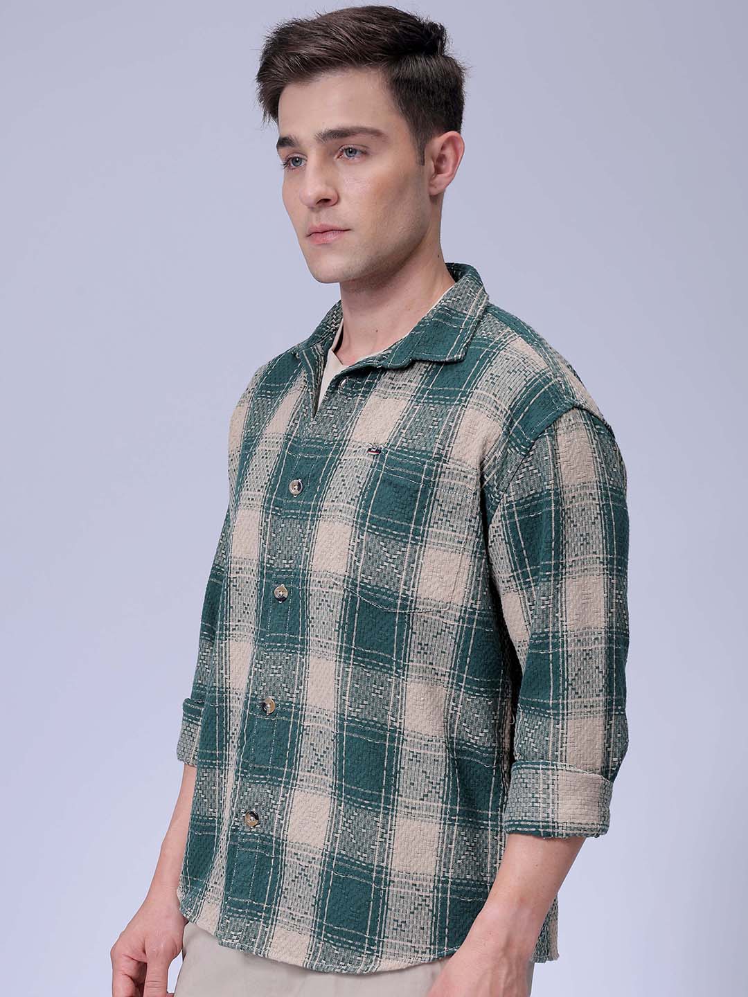 Men's Green Relaxed Fit Checked Casual Shirt