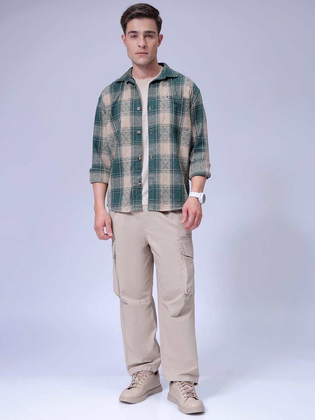 Men's Green Relaxed Fit Checked Casual Shirt