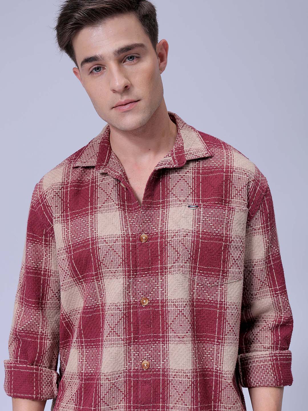 Men's Maroon Relaxed Fit Checked Casual Shirt