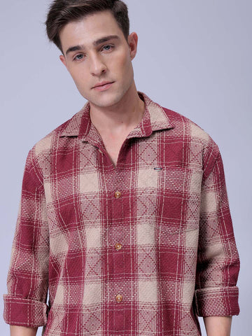 Men's Maroon Relaxed Fit Checked Casual Shirt