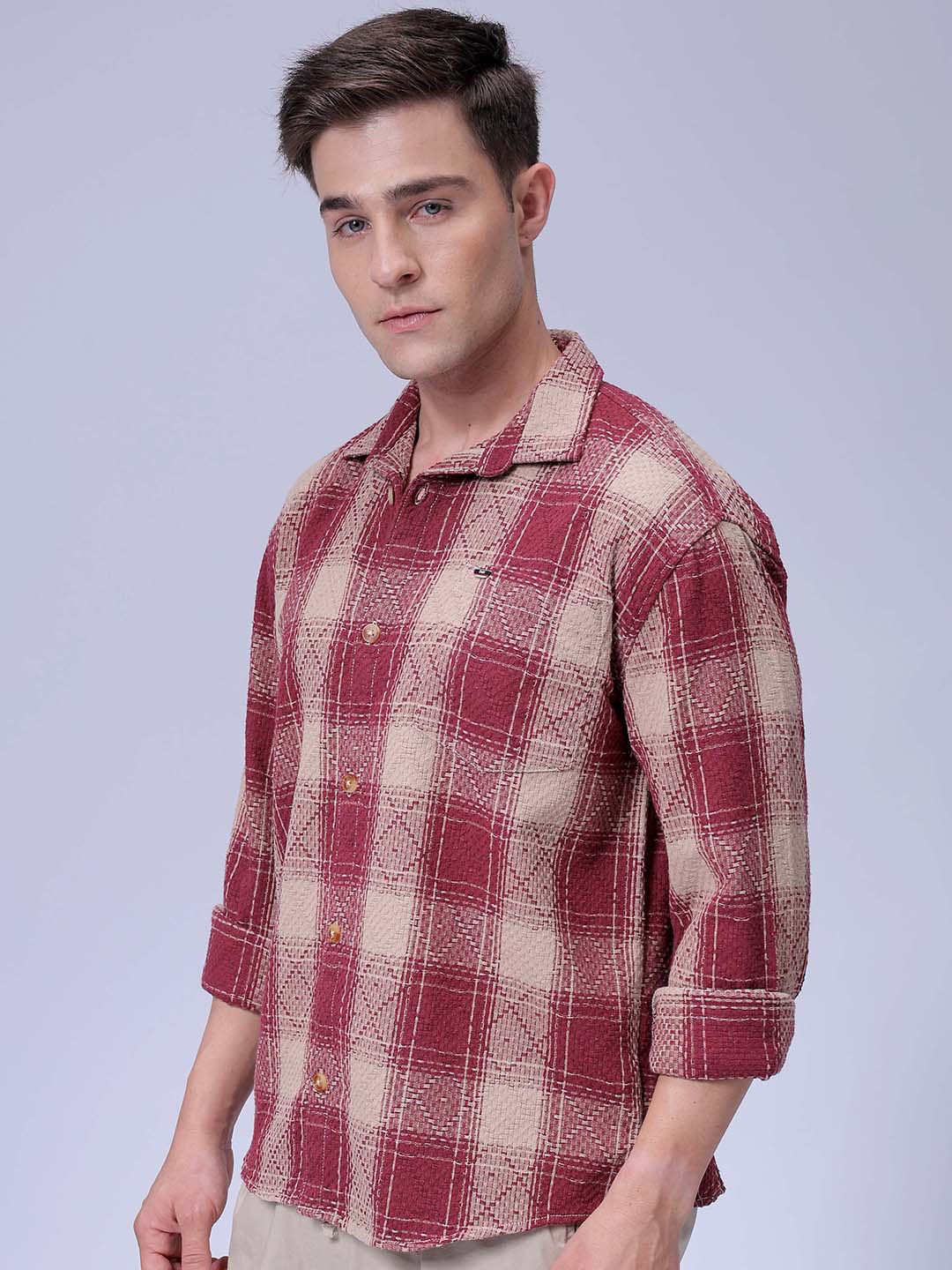 Men's Maroon Relaxed Fit Checked Casual Shirt